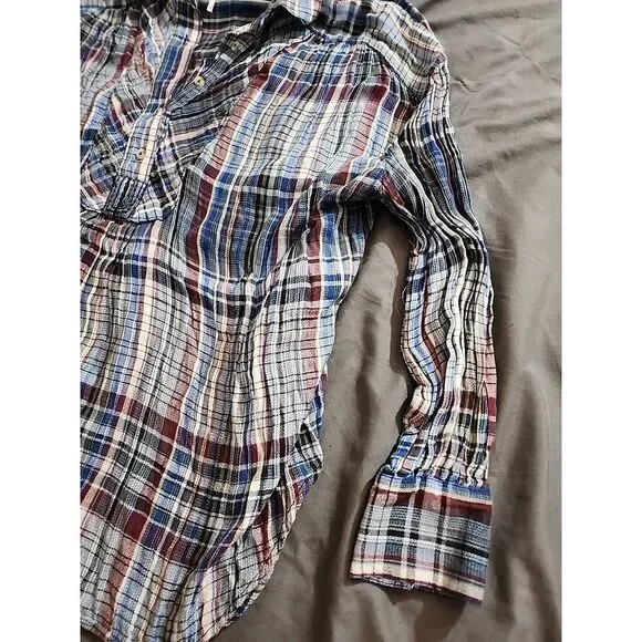 Free People Blue Pink Plaid Patchwork‎ Hooded Popover Blouse Top Size XS - Picture 5 of 10